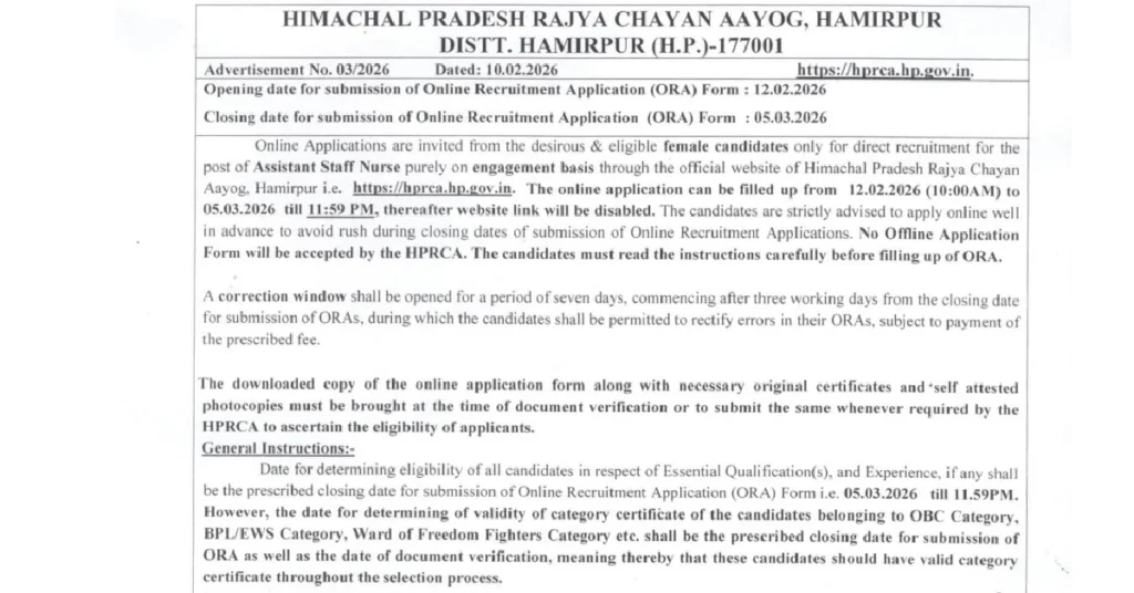 HPRCA Assistant Staff Nurse Bharti 2026